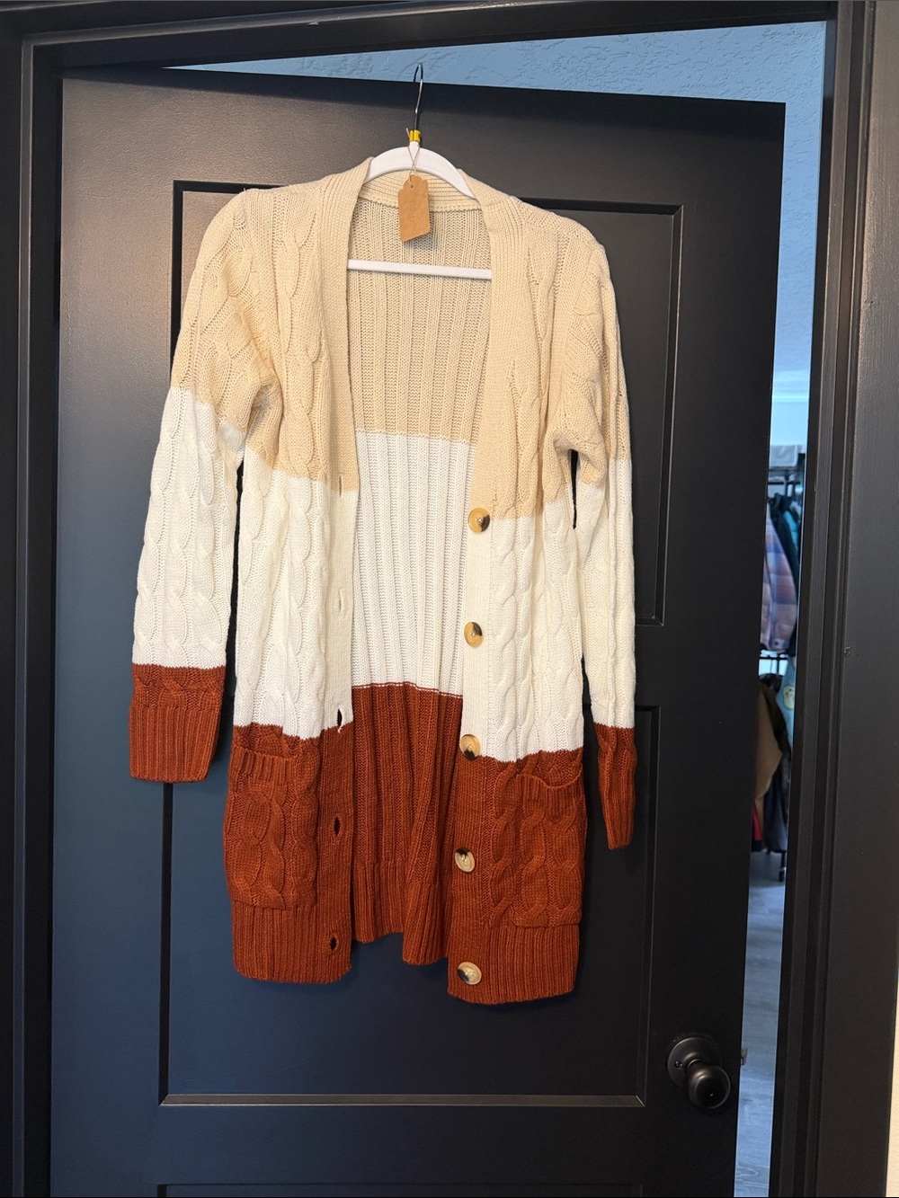 Colorblock Cable Knit Cardigan Sweater - Cream, Beige & Rust